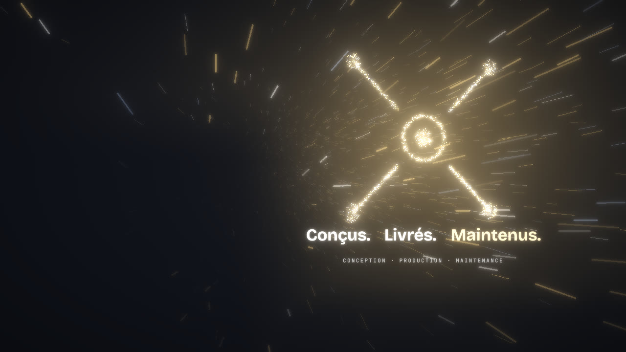 Le X d'ISAXIO dessiné en lumière, avec la devise : Conçus. Livrés. Maintenus.
